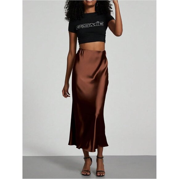 Women Chestnut Brown 100% Polyester Satin A Line Long Elegant Office Maxi Skirts - Picture 5 of 5